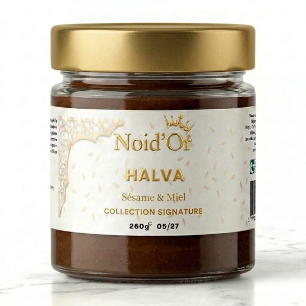 Ambachtelijke halva Noid'Or — specialiteit met 50% volle sesam en natuurlijke honing, traditioneel gemaakt in de Ariège