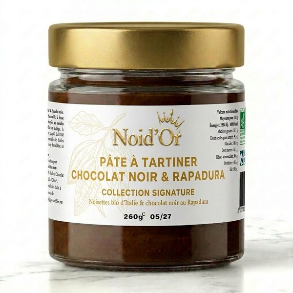 Notenpasta Pure Chocolade & Rapadura Noid'Or — pure cacao en volle rietsuiker, ambachtelijk gemaakt in de Ariège