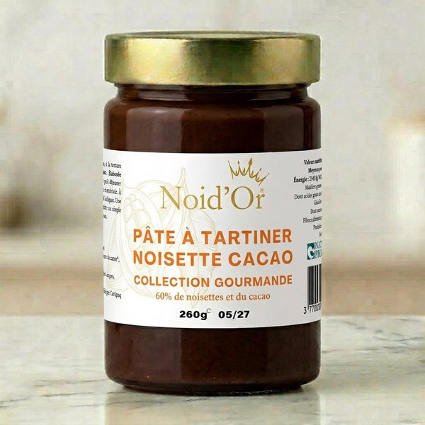 Notenpasta Hazelnoot Cacao Noid'Or — 60% gebrande hazelnoten uit de Ariège, pure cacao zonder lecithine of palmolie