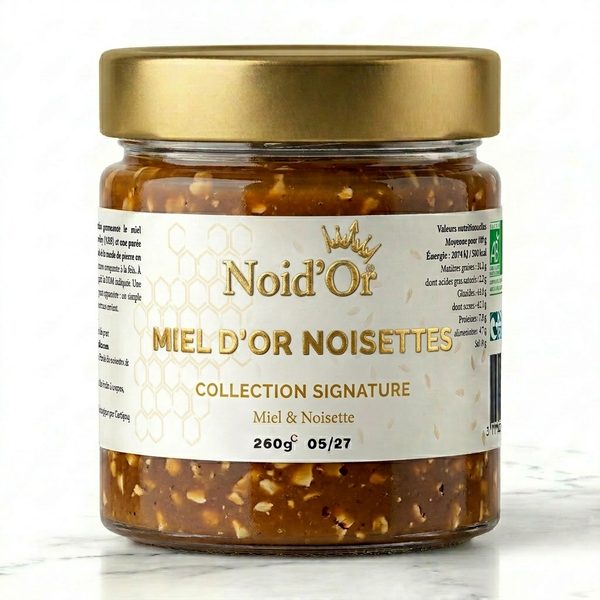 Miel d'Or Noisettes Noid'Or — ambachtelijke notenpasta met hazelnoot en honing, gebrand op de steenmolen, Ariège