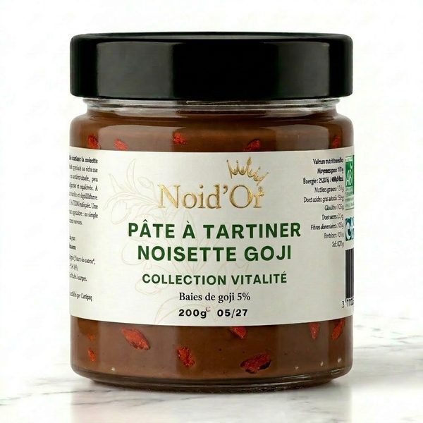Pâte à tartiner Noisette Goji Noid'Or — baies de goji antioxydantes, noisettes torréfiées au moulin pierre
