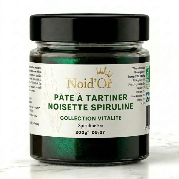 Pâte à tartiner Noisette Spiruline Noid'Or — spiruline française 5%, pâte à tartiner bio artisanale sans additifs